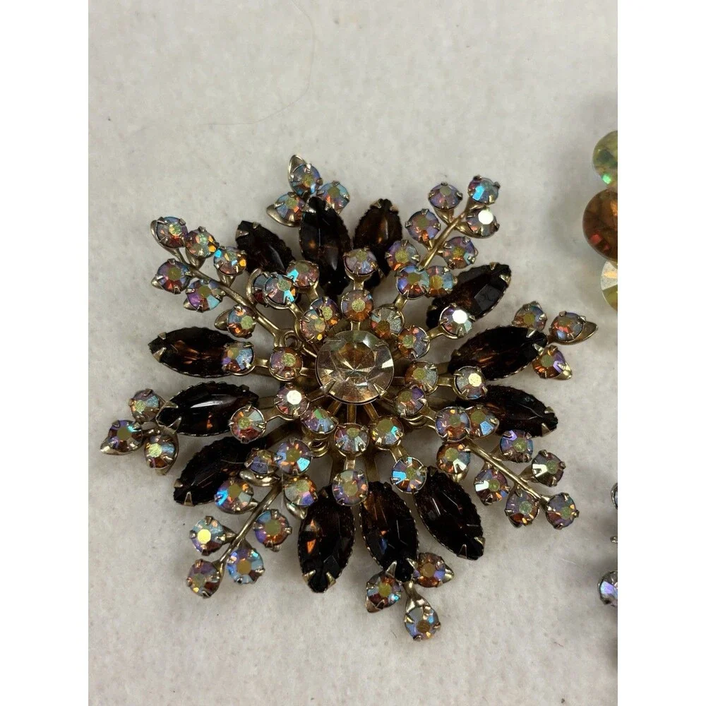 Vintage AB Rhinestone Brooch Lot Atomic Starburst Rivoli Flower Amber Gold Tone